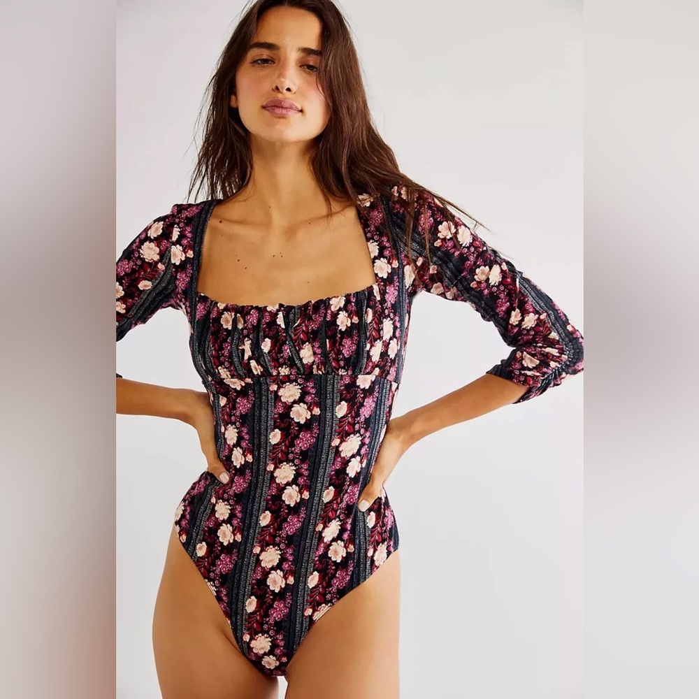 Free People Center Stage Black Floral Bodysuit size Large